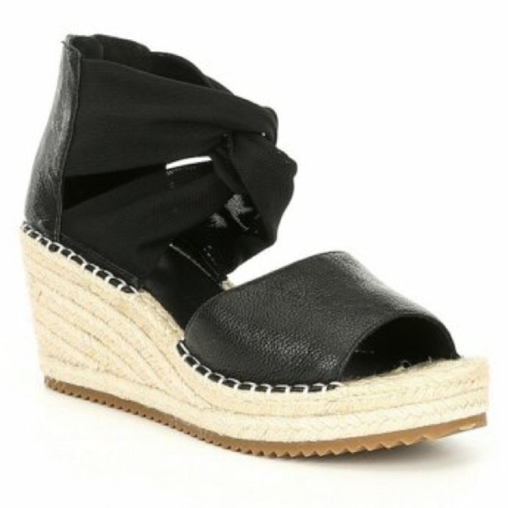 NWOB Eileen Fisher Wiley Black Leather Espadrille Wedge Sandals Size 7